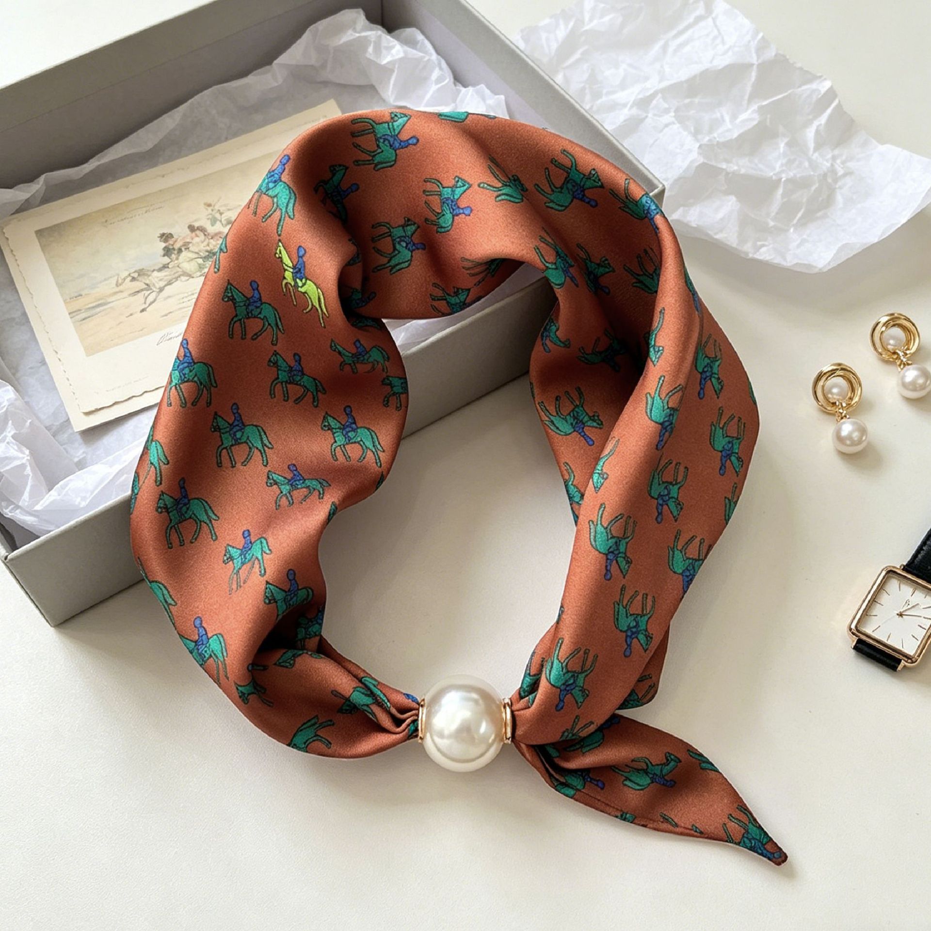 Women'S Accessories For Neck - وشاح نسائي فاخر بتصميم الفارس واللؤلؤ،
