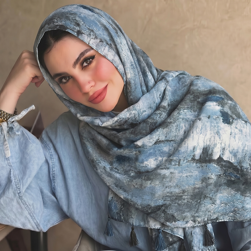 حجاب مطبوع بنقوش الحبر مع حواف - مراجعة Women'S Accessories For Neck وسعره