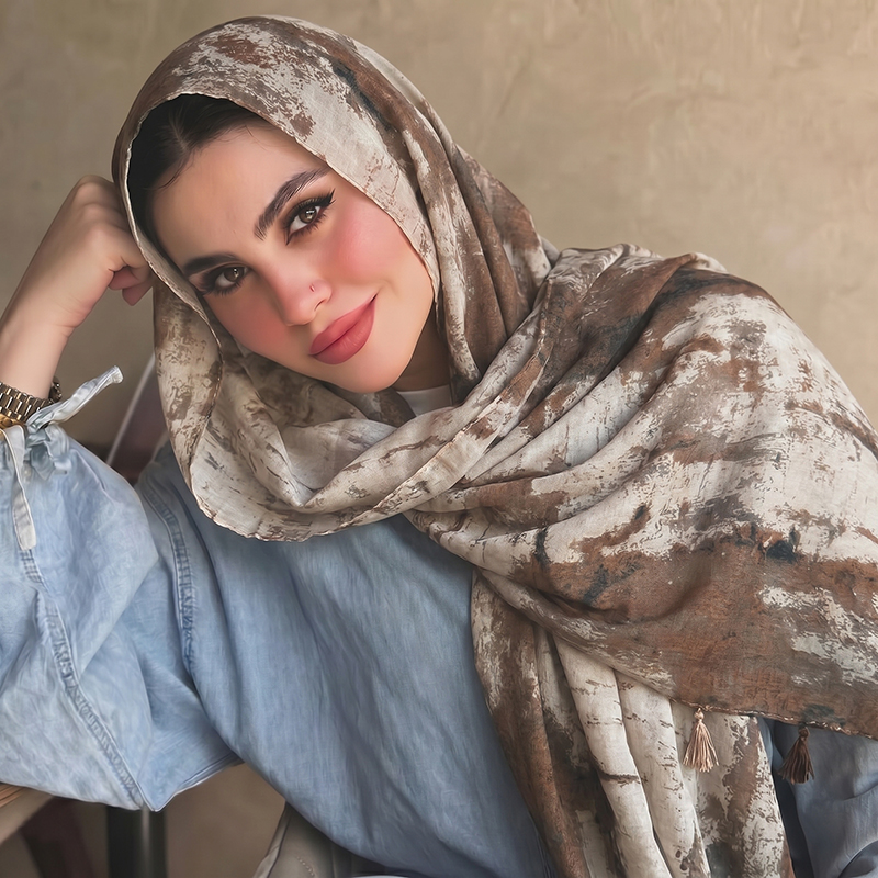 حجاب مطبوع بنقوش الحبر مع حواف - مراجعة Women'S Accessories For Neck وسعره